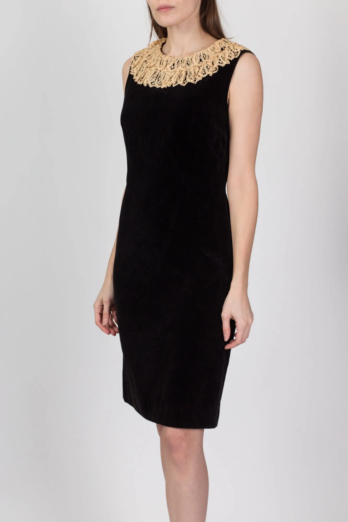 50s 60s Helen Whiting Black Velvet Lace Trim Dress - Medium