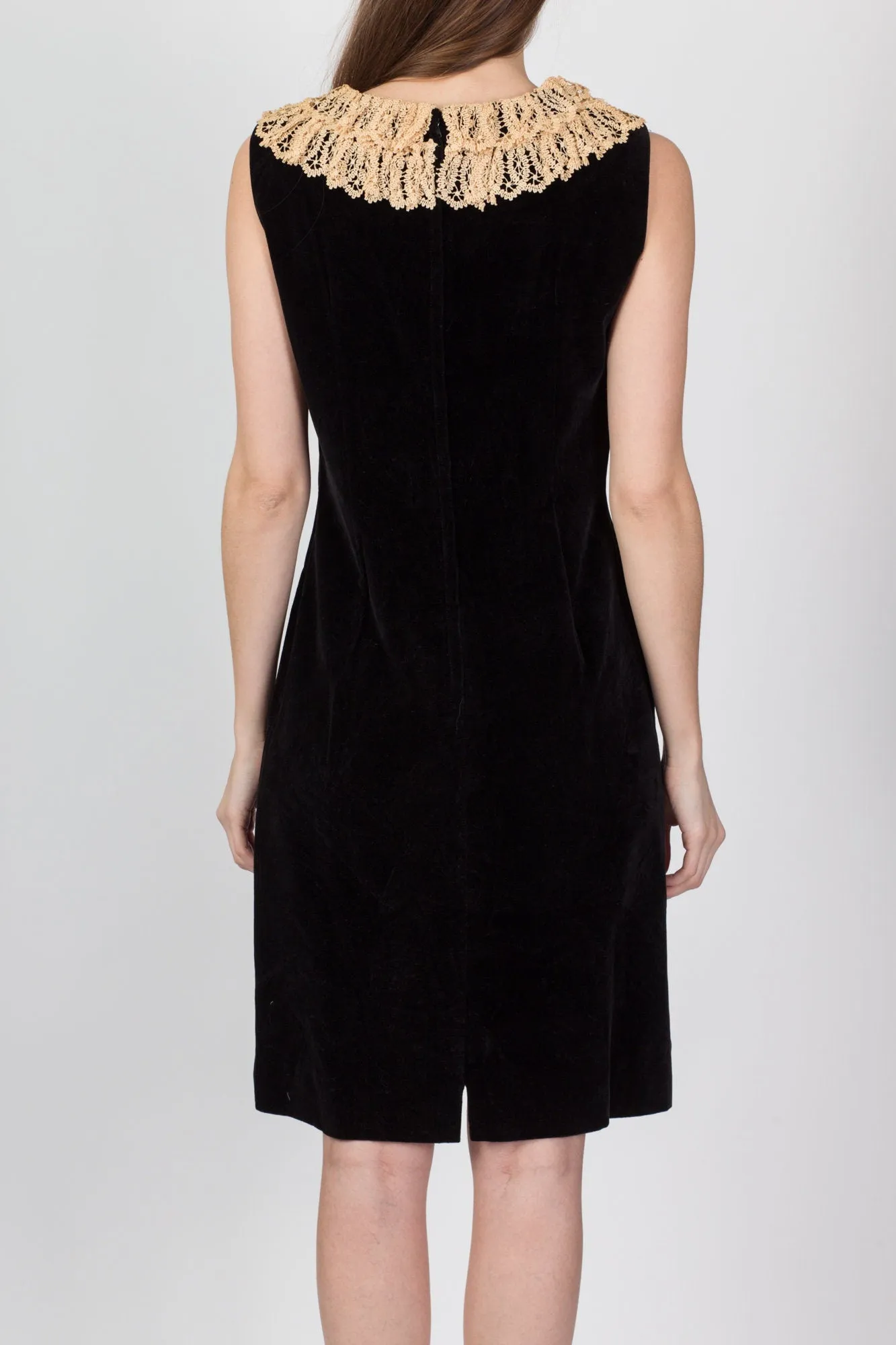 50s 60s Helen Whiting Black Velvet Lace Trim Dress - Medium