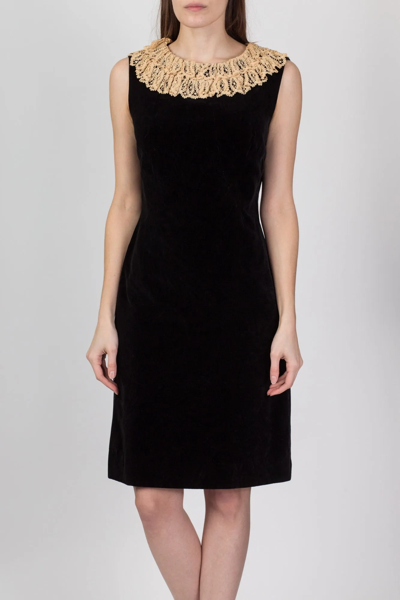 50s 60s Helen Whiting Black Velvet Lace Trim Dress - Medium