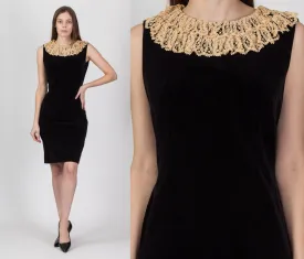 50s 60s Helen Whiting Black Velvet Lace Trim Dress - Medium