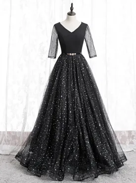 A-Line Black Tulle Sequins V-neck Short Sleeve Prom Dress