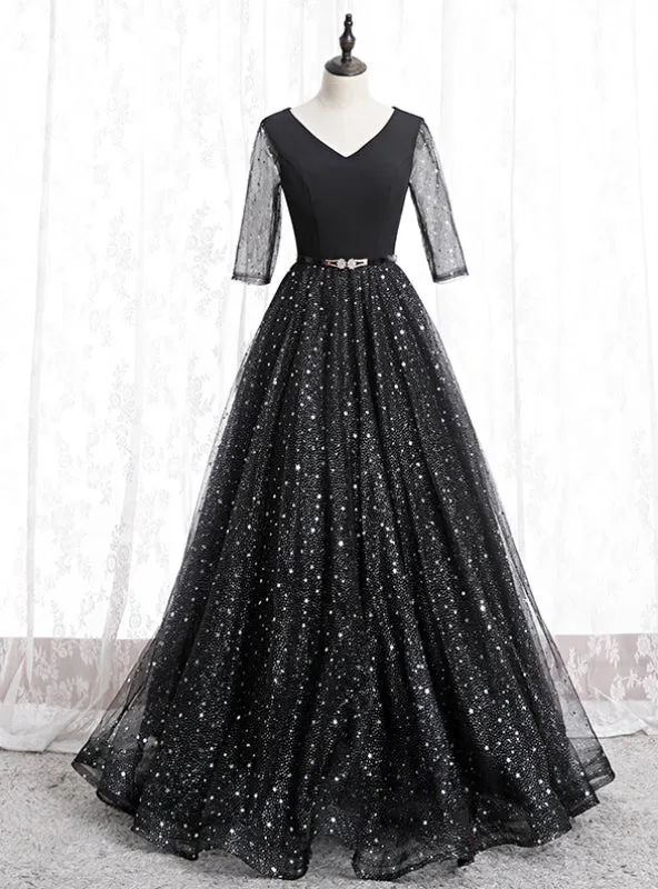 A-Line Black Tulle Sequins V-neck Short Sleeve Prom Dress