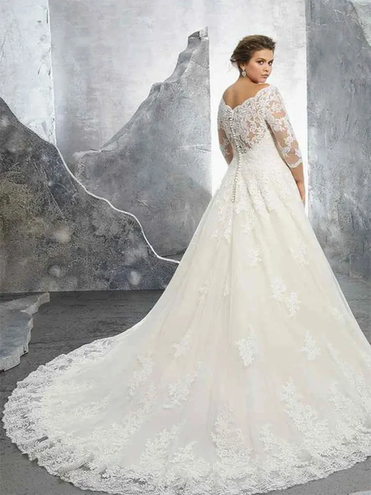 A-Line Lace Elegance 2023: Off-Shoulder Plus-Size Bridal Bliss.