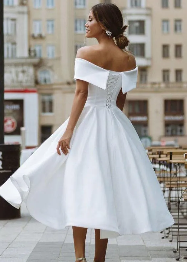 A-Line Satin Tea Length White Off the Shoulder Wedding Dress