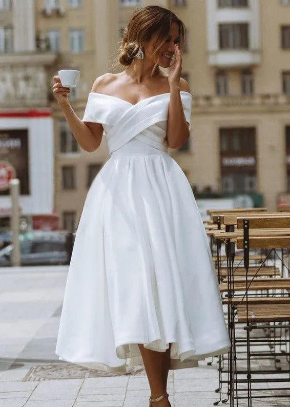 A-Line Satin Tea Length White Off the Shoulder Wedding Dress