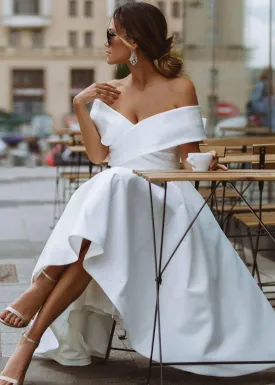 A-Line Satin Tea Length White Off the Shoulder Wedding Dress