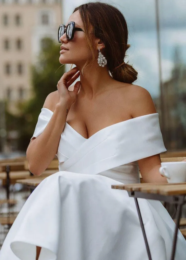 A-Line Satin Tea Length White Off the Shoulder Wedding Dress