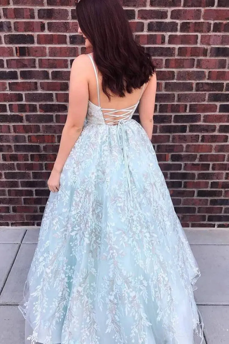 A Line V Neck Backless Blue Lace Floral Long Prom Dress, Blue Lace Formal Dress, Blue Evening Dress