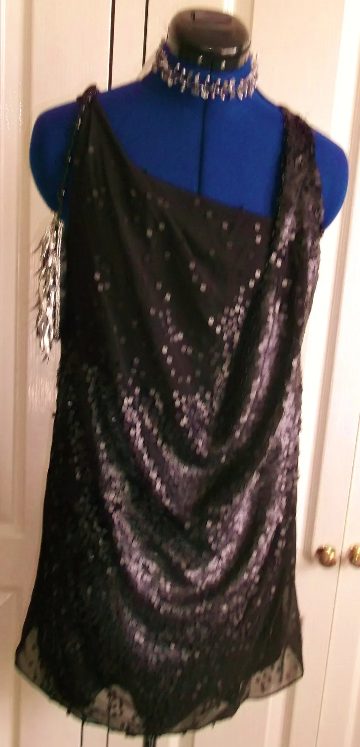Access your inner DIva -Retro  'little black dress' size 12, drapes, sleeveless, dull sequins