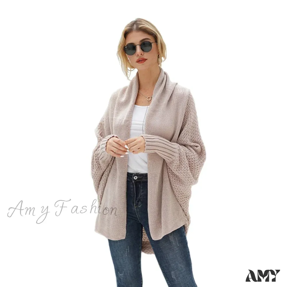 Amy Fashion - Solid Batwing Sleeve Loose-fitting Long Knitted Cardigan Sweater