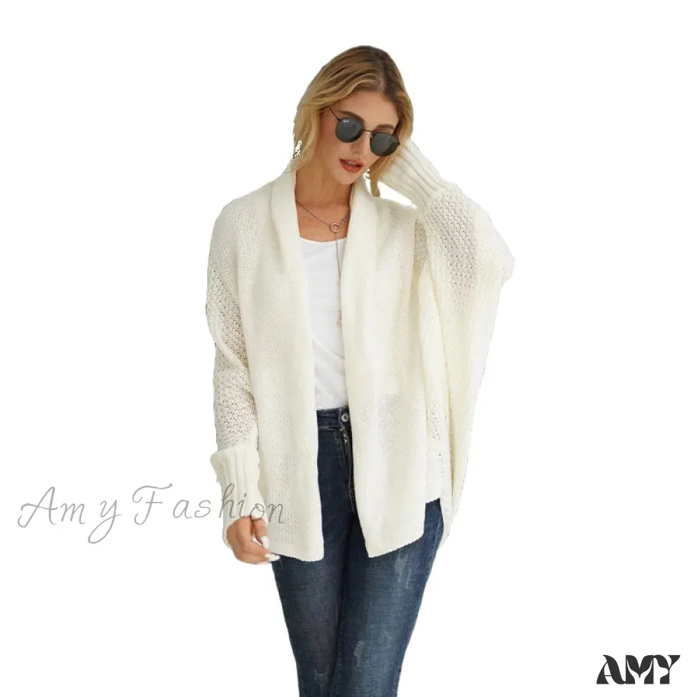Amy Fashion - Solid Batwing Sleeve Loose-fitting Long Knitted Cardigan Sweater