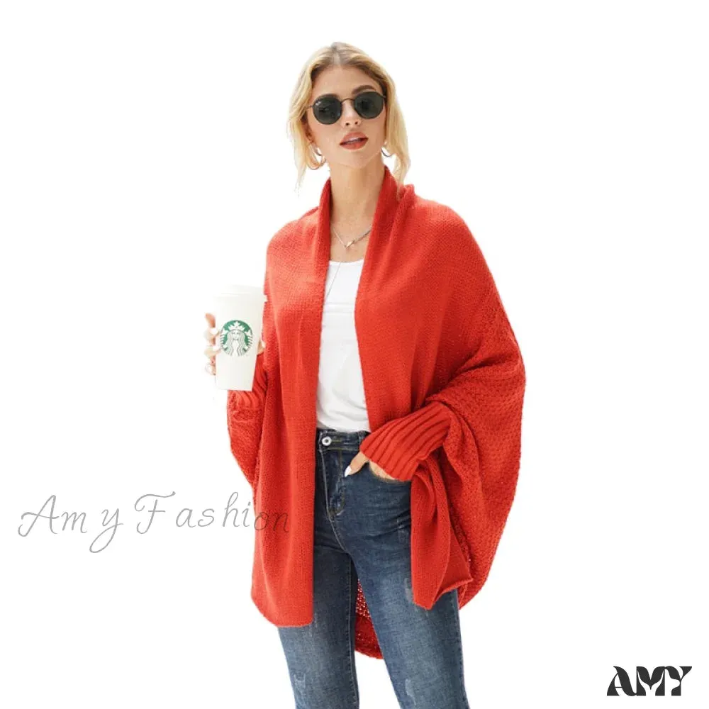 Amy Fashion - Solid Batwing Sleeve Loose-fitting Long Knitted Cardigan Sweater