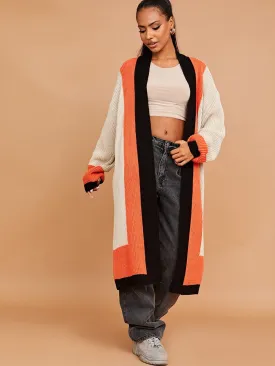 Beige & Orange Long Knitted Cardigan