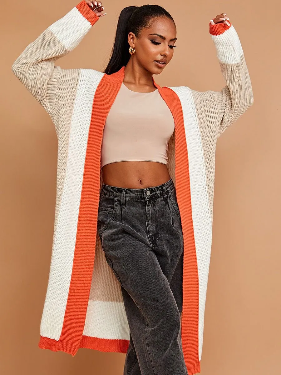 Beige & Orange Long Knitted Cardigan