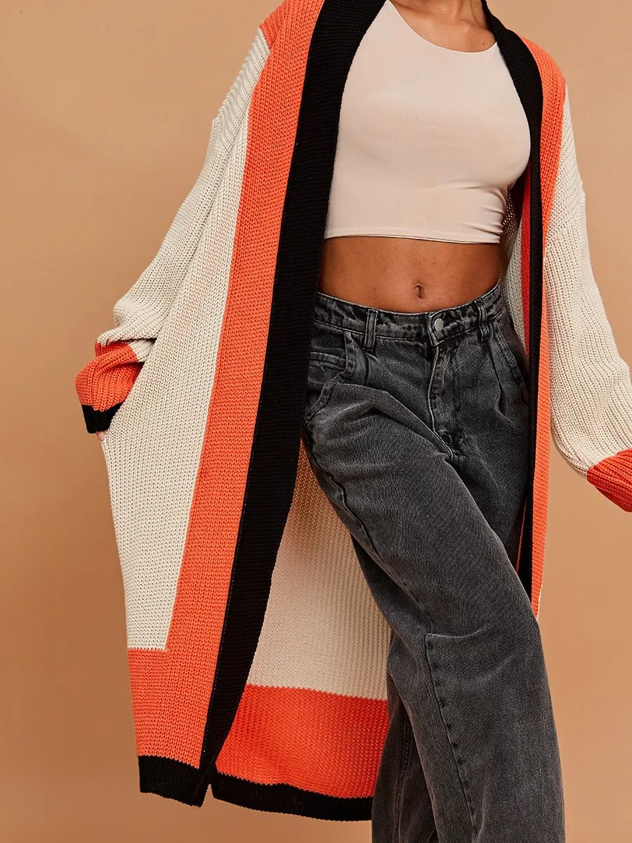 Beige & Orange Long Knitted Cardigan