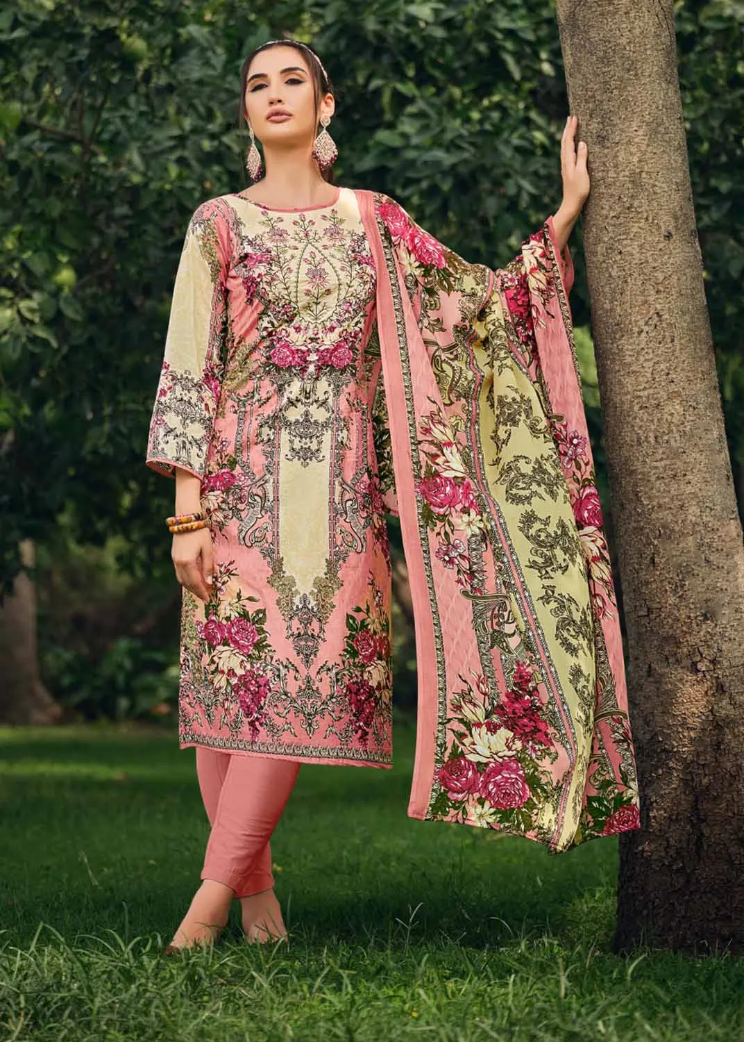 Belliza Cotton Pakistani Print Unstitched Women Salwar Suit Pink