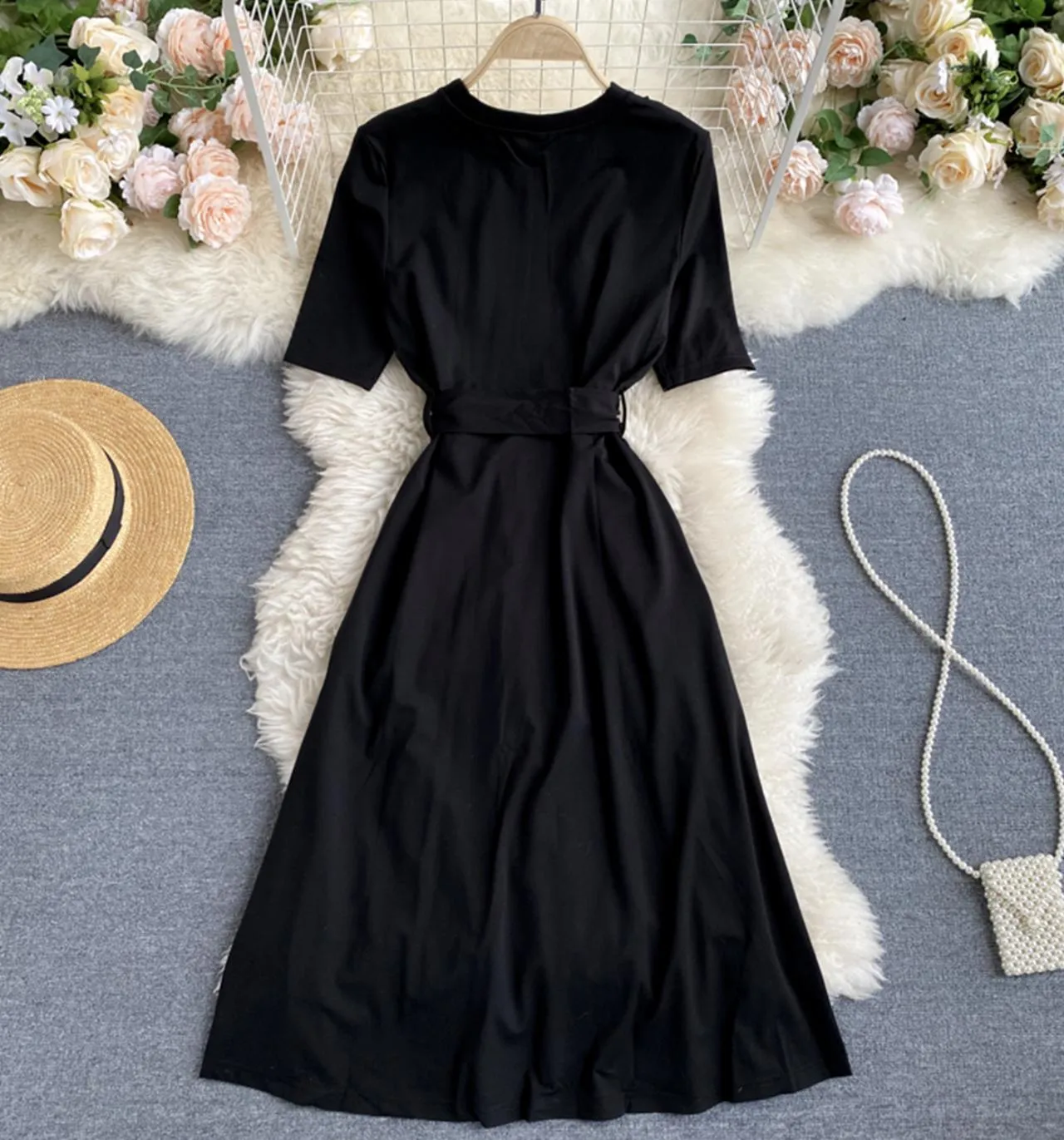 Black A line short dress fashion dress  729