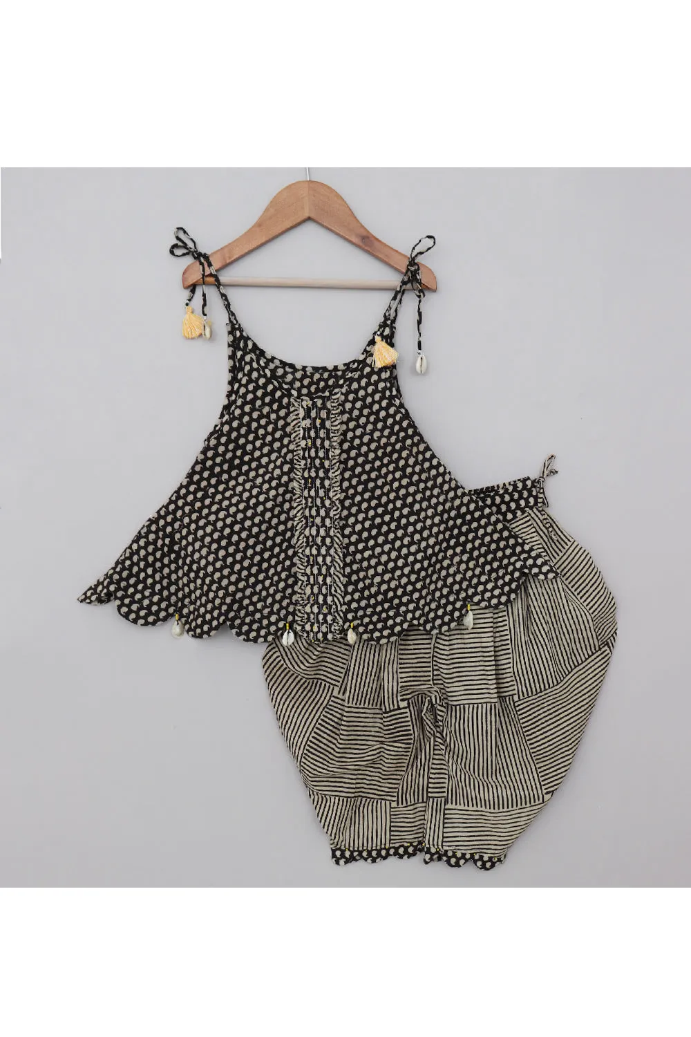 Black And Beige Hand Block Printed Pure Cotton Peplum Style Top With Dhoti Set