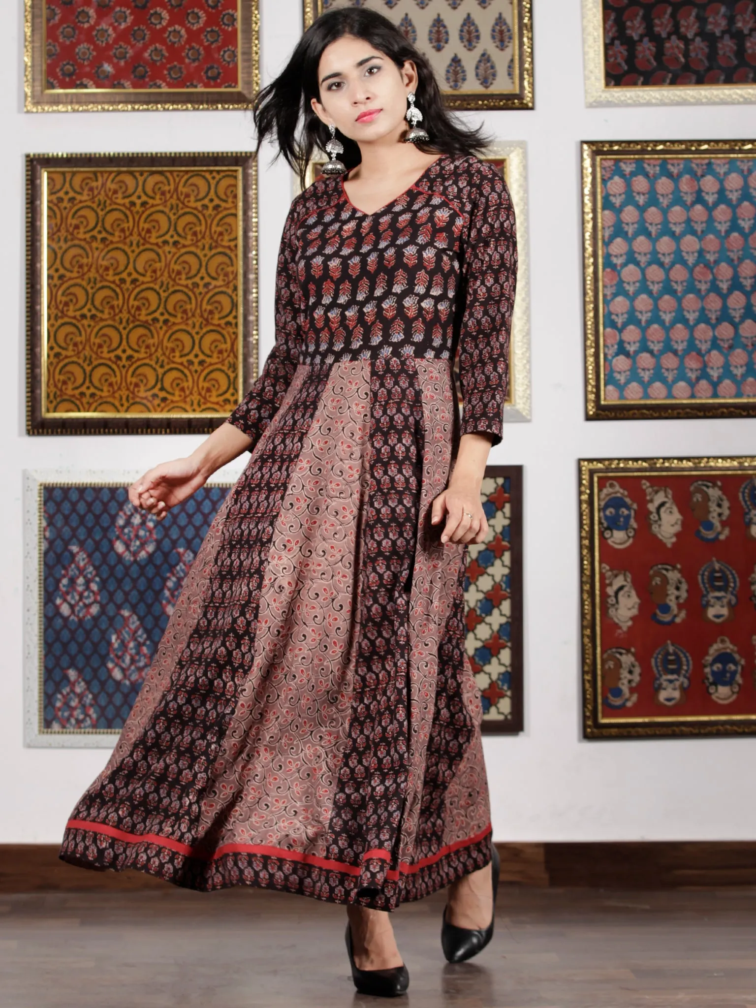 Black Maroon Brown Blue Ajrakh Hand Block Printed Cotton Long Dress - D306F1654