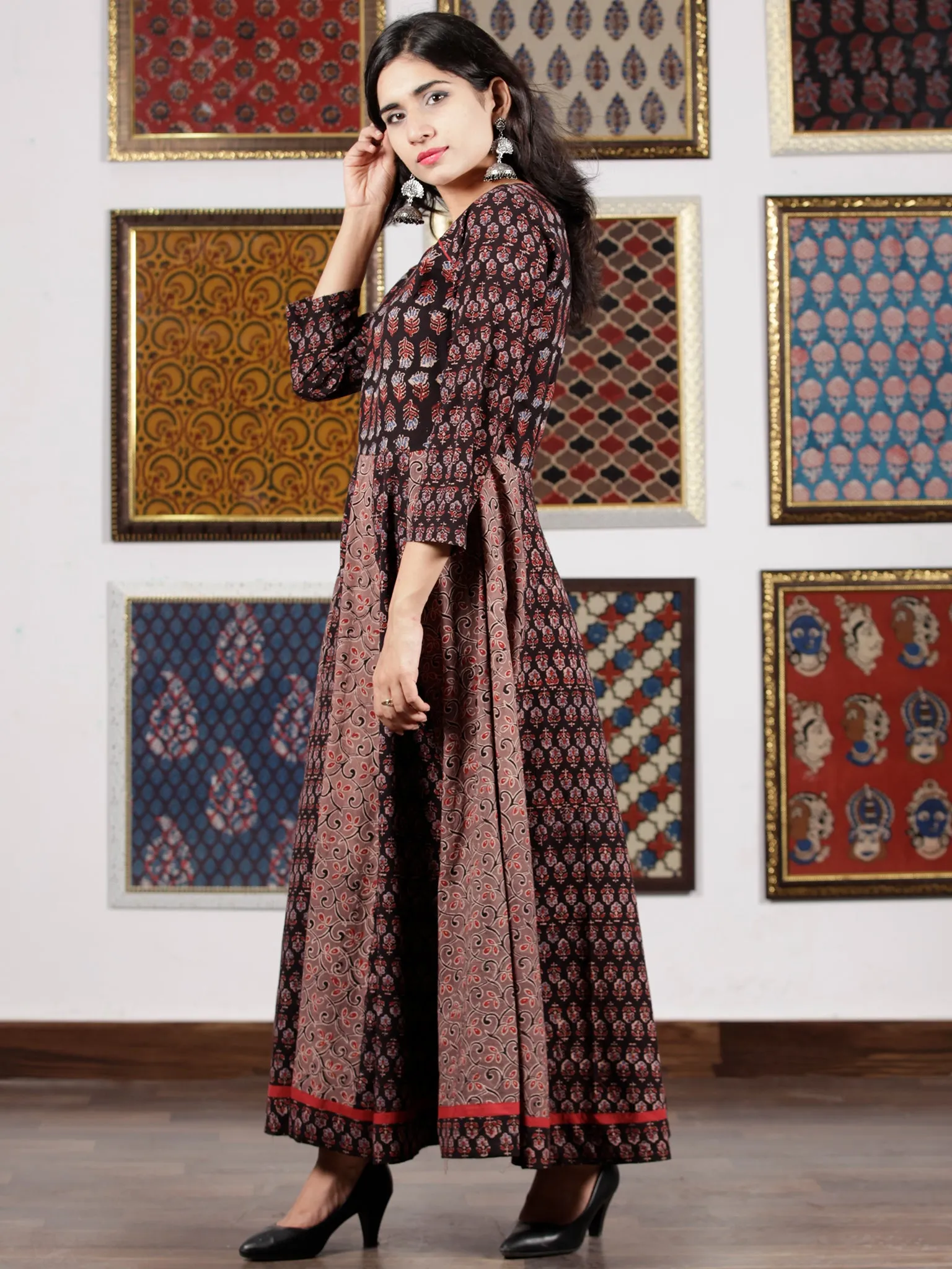 Black Maroon Brown Blue Ajrakh Hand Block Printed Cotton Long Dress - D306F1654