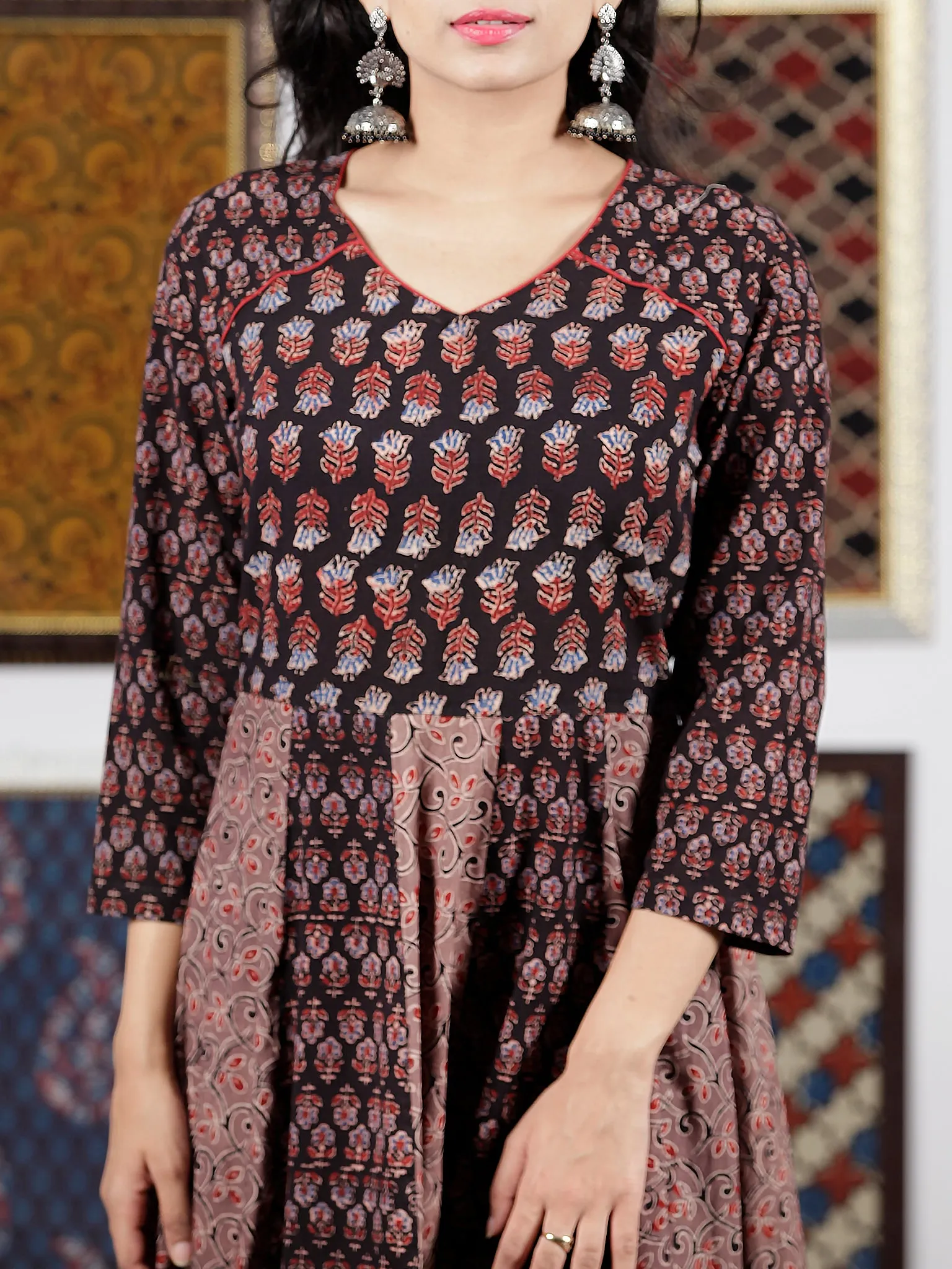 Black Maroon Brown Blue Ajrakh Hand Block Printed Cotton Long Dress - D306F1654