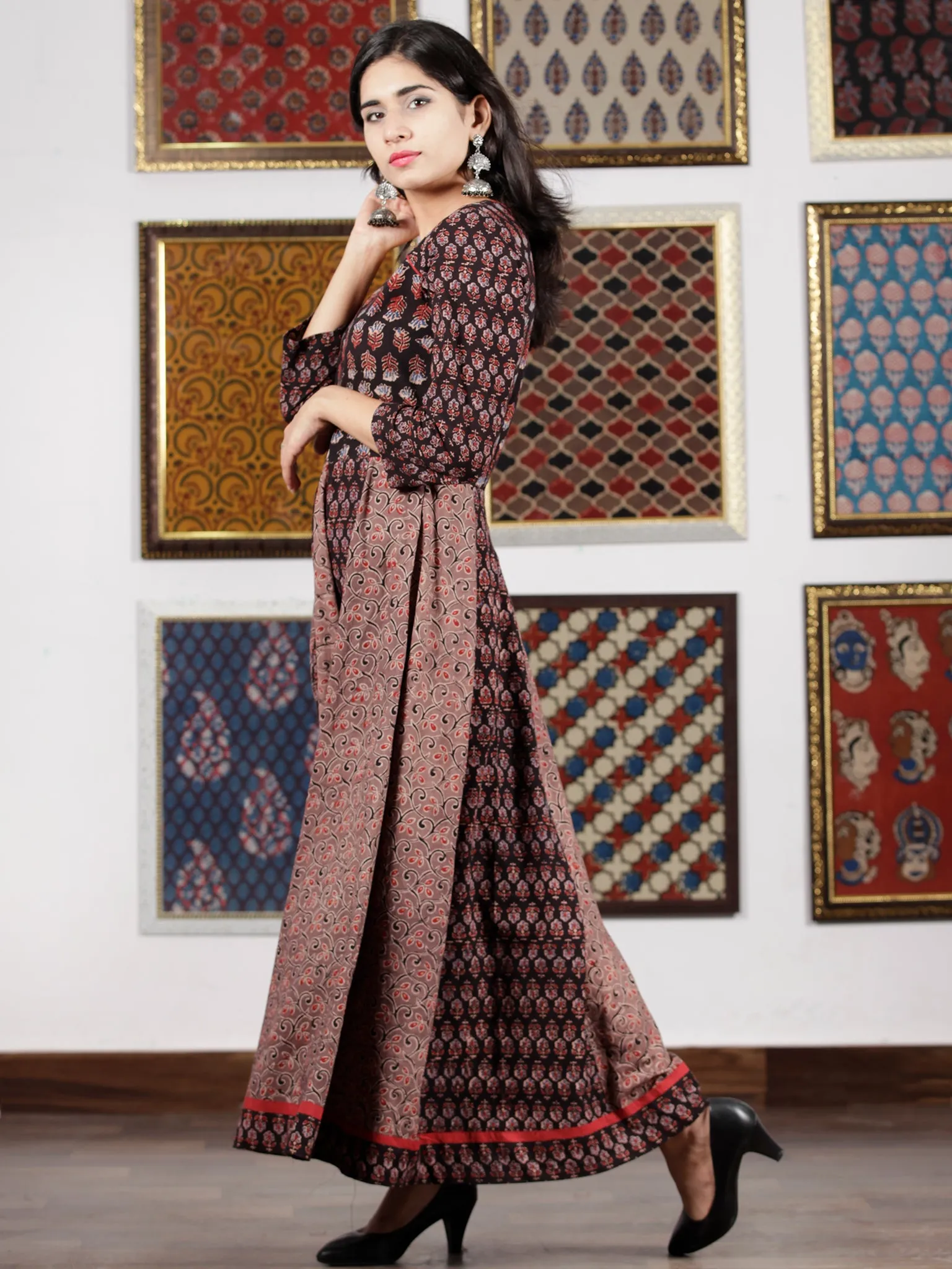 Black Maroon Brown Blue Ajrakh Hand Block Printed Cotton Long Dress - D306F1654