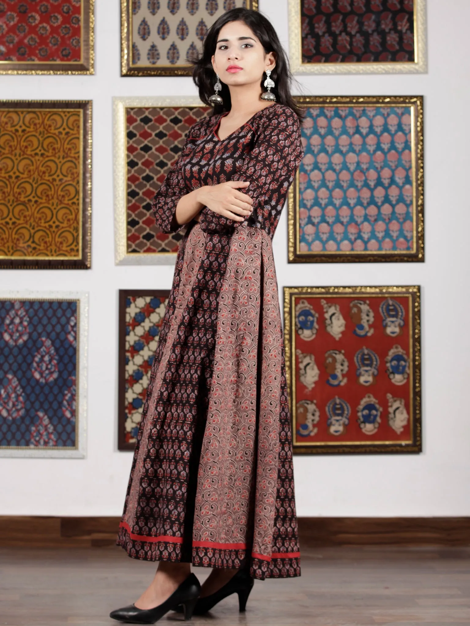 Black Maroon Brown Blue Ajrakh Hand Block Printed Cotton Long Dress - D306F1654