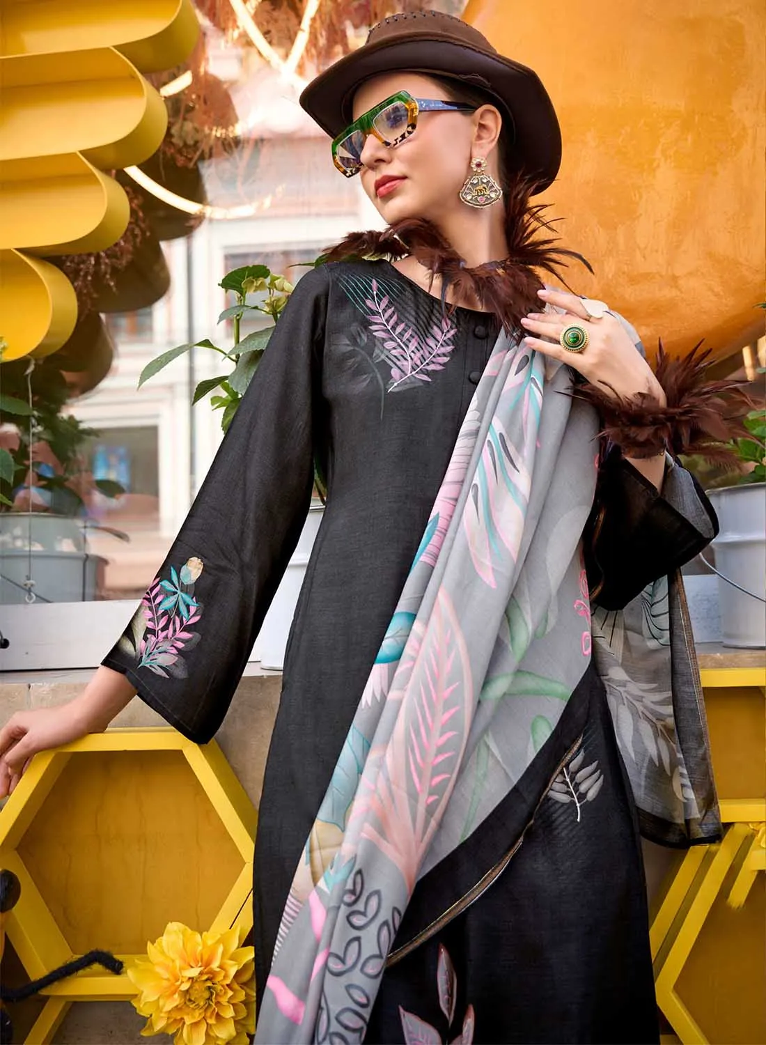 Black Party Wear Pure Muslin Unstitched Suit Dress Material for Women