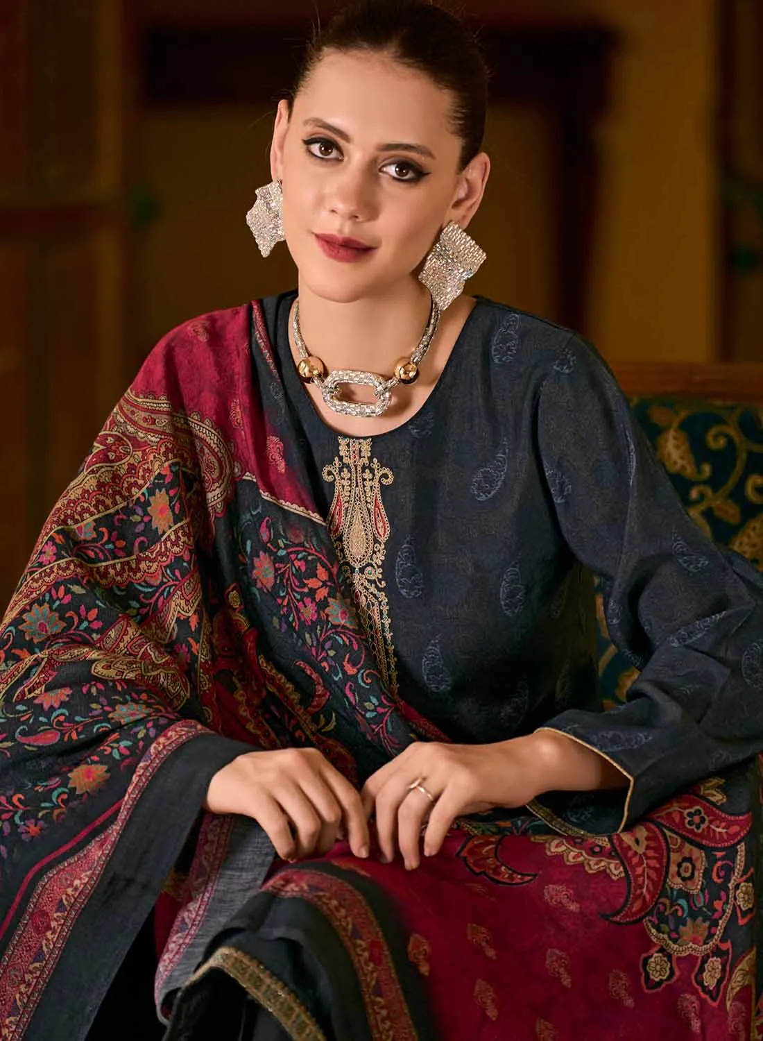 Black Party Wear Pure Muslin Unstitched Suit Material with Dupatta