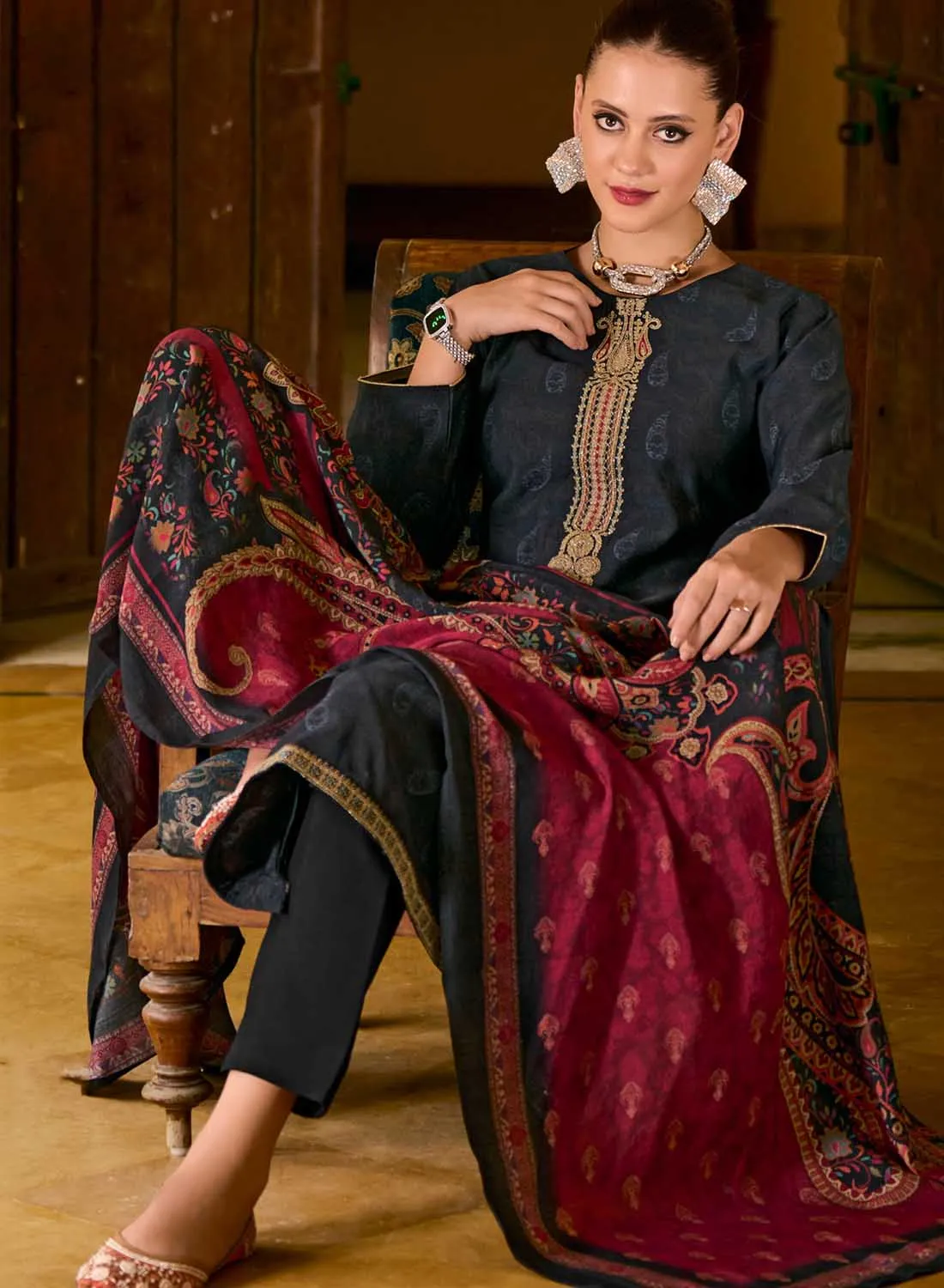 Black Party Wear Pure Muslin Unstitched Suit Material with Dupatta