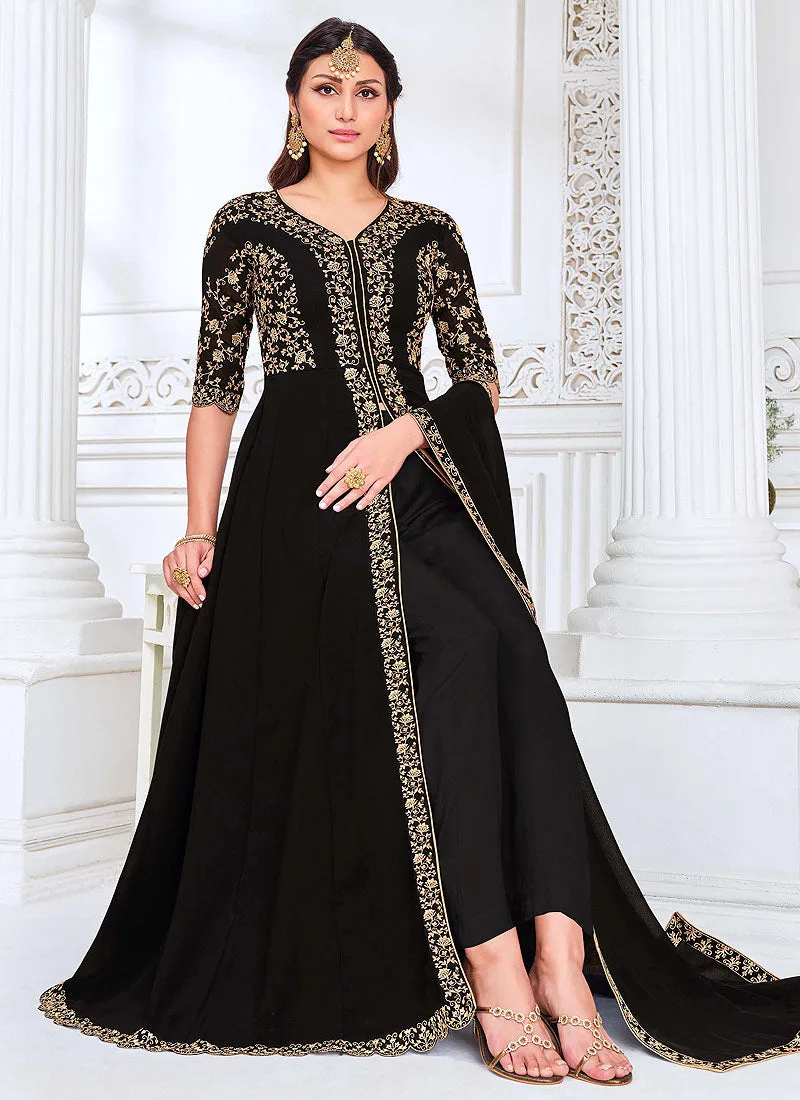 Black Traditional Zari Embroidered Slit Style Pant Suit