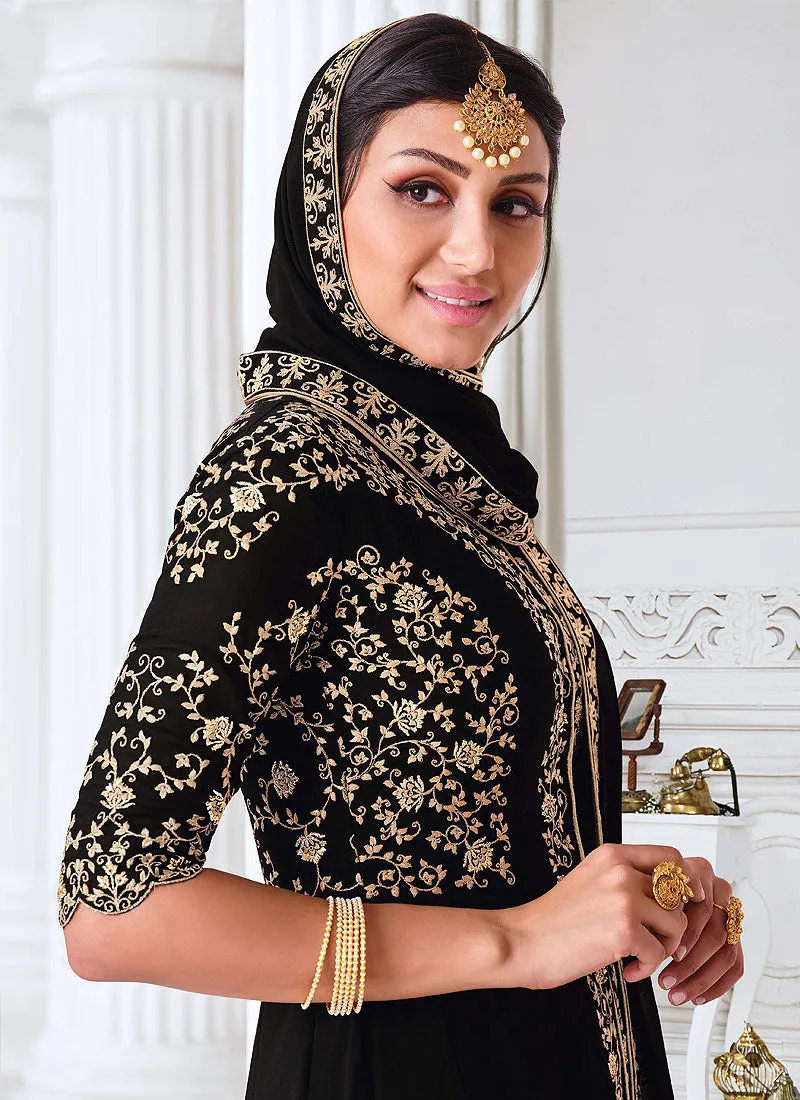 Black Traditional Zari Embroidered Slit Style Pant Suit
