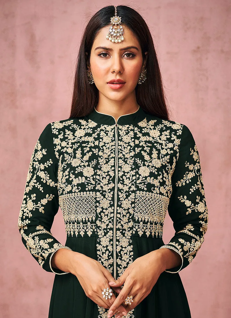 Blackish Green Embroidered Slit Style Anarkali Pant Suit
