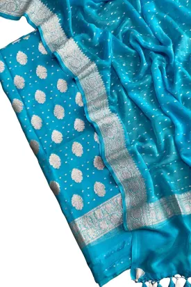 Blue Handloom Banarasi Pure Chiffon Unstitched Suit Set