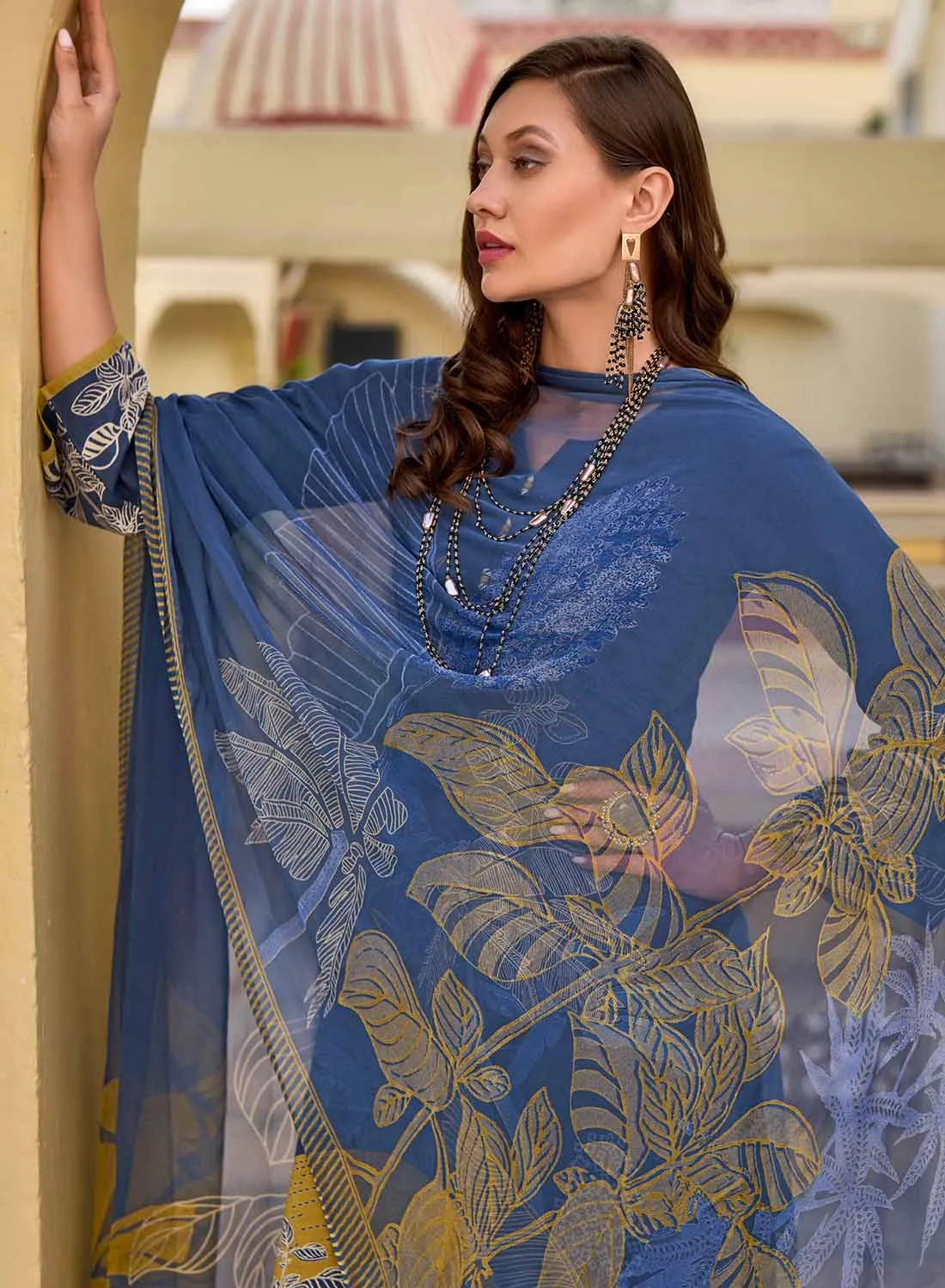 Blue Unstitched Pure Lawn Cotton Suit Dress Material for Women