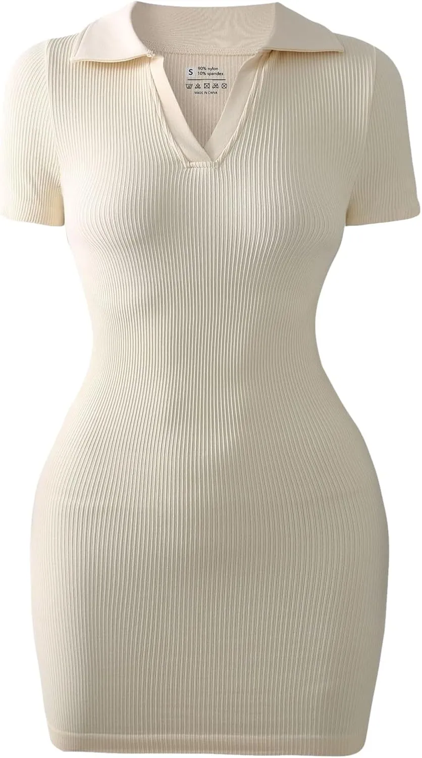 Boho Dresses for Women 2025 Summer Short Sleeve Dress V Neck Bodycon Dresses Rib Knited Stretch Casual Mini Dress