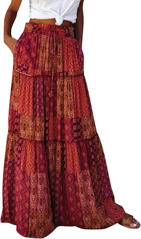 Boho Skirts for Women Summer Vacation High Waist Tie Loose Flower Print Elastic Waist Casual Long Maxi Party Skirt
