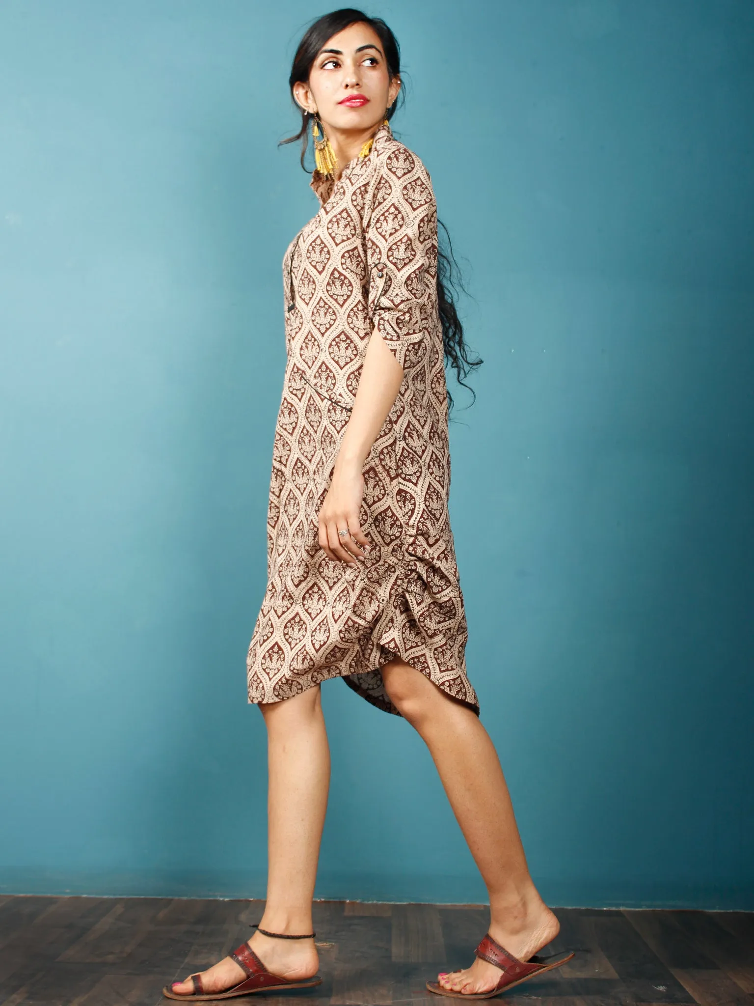 Brown Beige Black Hand Block Printed Cotton Short Dress With Front Pockets  - D254F1334
