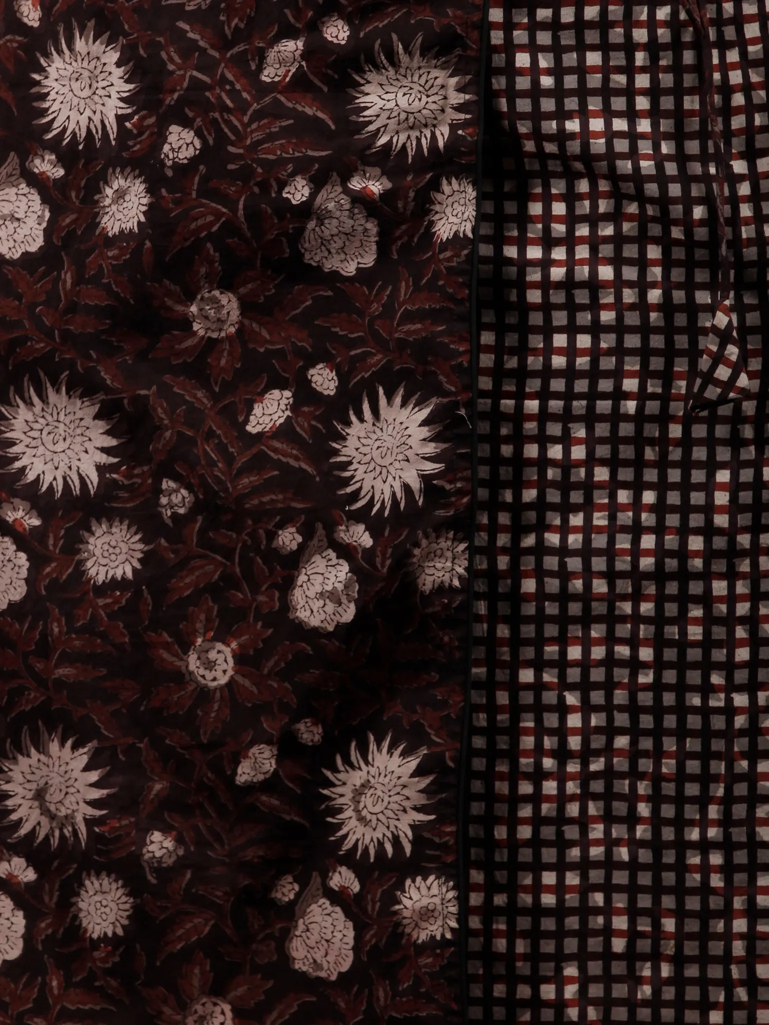 Brown Grey Black Ivory Hand Block Printed Midi Length Cross Over Dress With Side Pockets - D225F1330