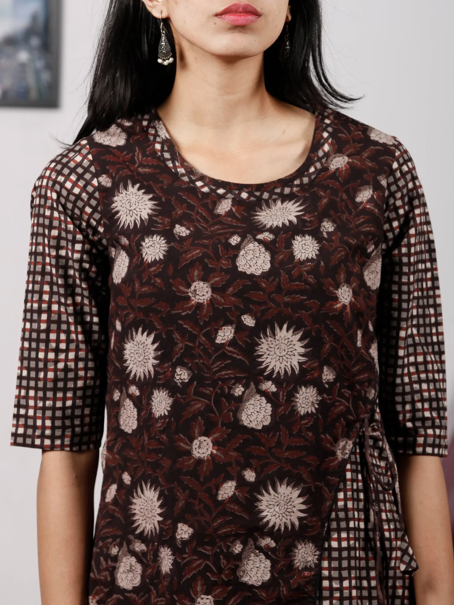 Brown Grey Black Ivory Hand Block Printed Midi Length Cross Over Dress With Side Pockets - D225F1330