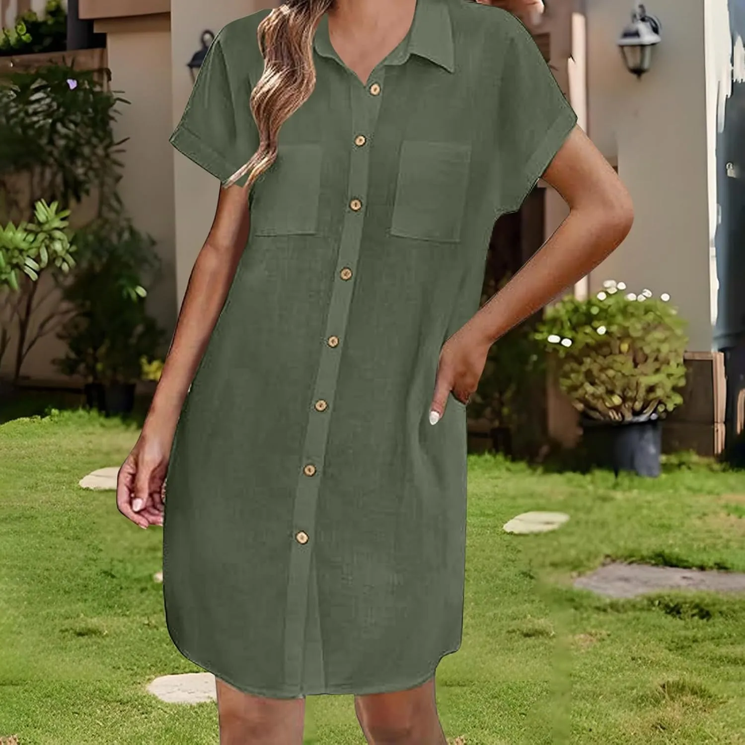 Button Front Shirt Dress for Women, Summer Turndown Collar Short Sleeve Dress Slouchy Loose Linen Dress with Pockets