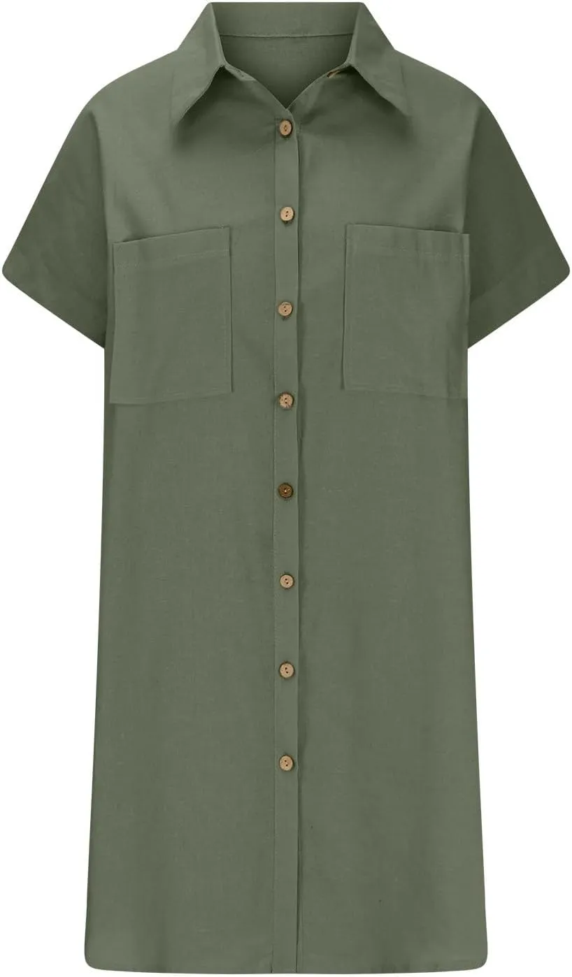 Button Front Shirt Dress for Women, Summer Turndown Collar Short Sleeve Dress Slouchy Loose Linen Dress with Pockets