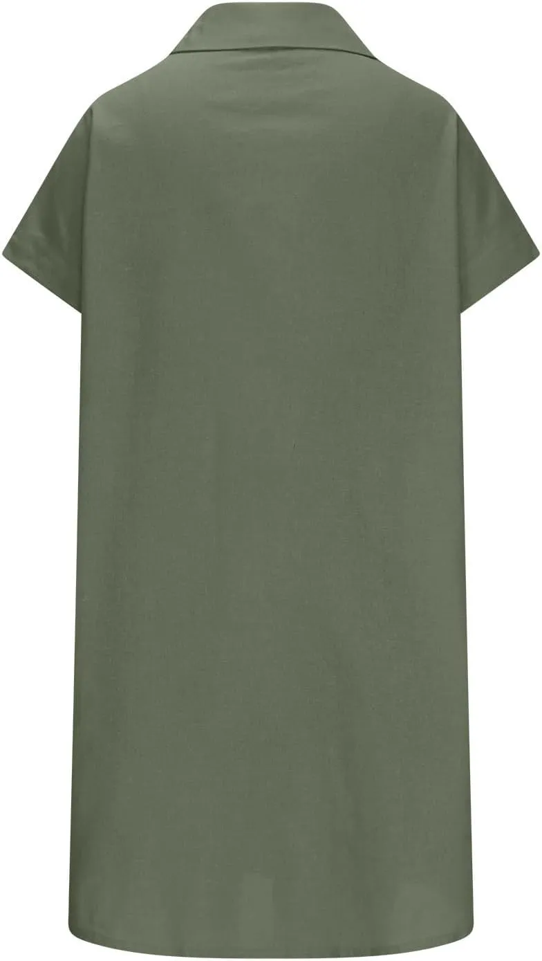 Button Front Shirt Dress for Women, Summer Turndown Collar Short Sleeve Dress Slouchy Loose Linen Dress with Pockets
