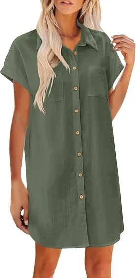 Button Front Shirt Dress for Women, Summer Turndown Collar Short Sleeve Dress Slouchy Loose Linen Dress with Pockets