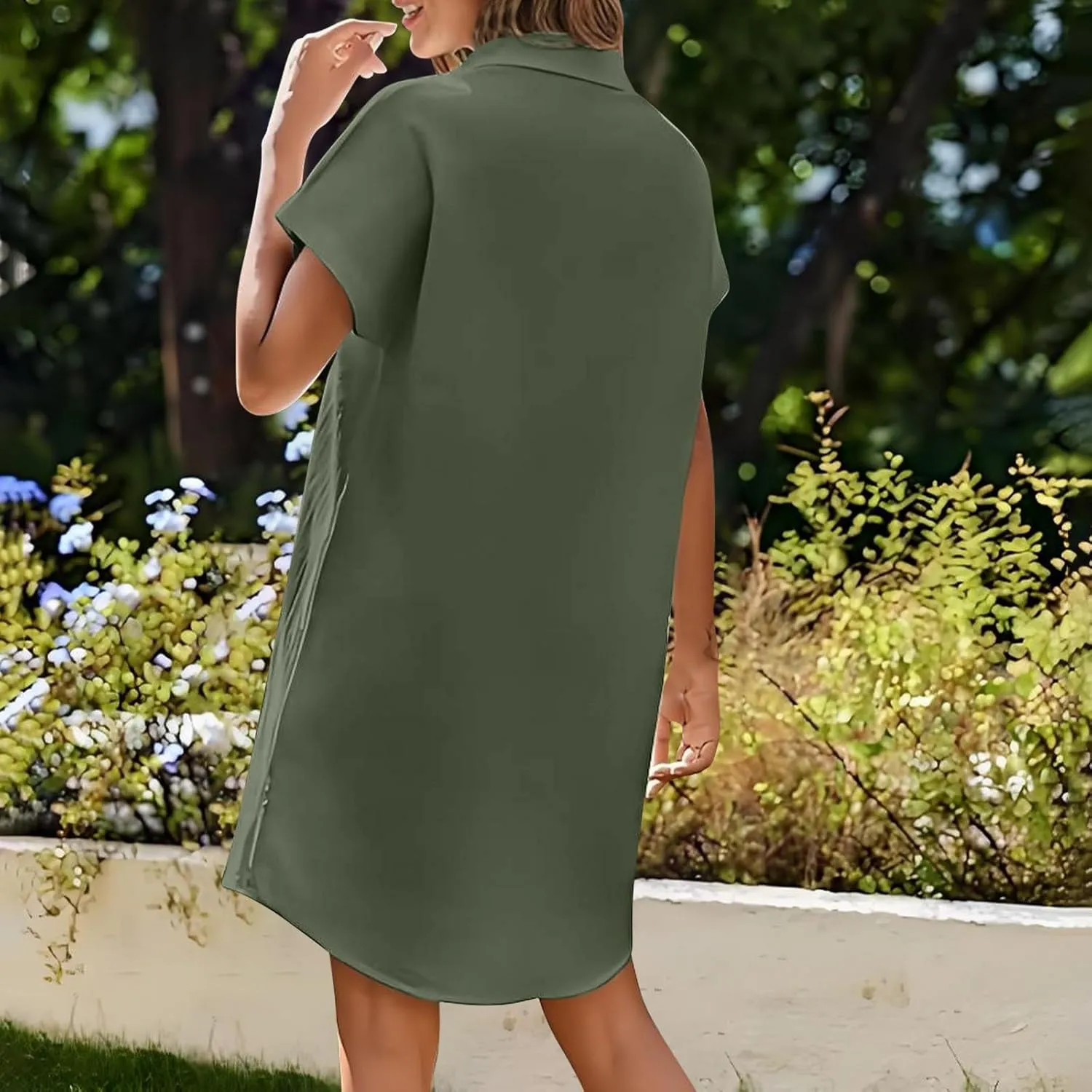 Button Front Shirt Dress for Women, Summer Turndown Collar Short Sleeve Dress Slouchy Loose Linen Dress with Pockets