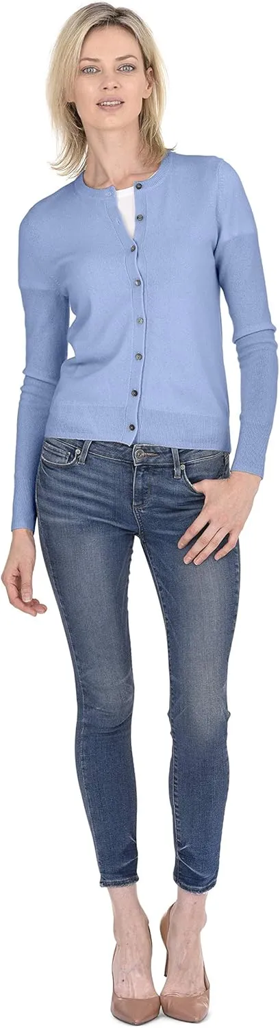 Cashmeren Crewneck Cardigan Sweater 100% Cashmere Button Front Long Sleeve Pullover for Women