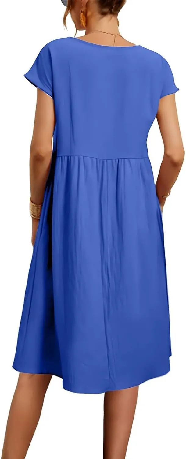 Cotton Linen Dress Womens Casual Summer Cap Sleeve Midi Dress A Line Flowy Knee Length T Shirt Dress with Pockets