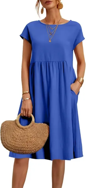 Cotton Linen Dress Womens Casual Summer Cap Sleeve Midi Dress A Line Flowy Knee Length T Shirt Dress with Pockets