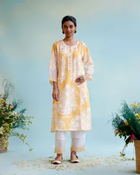 Daisy Yellow Cotton Linen Kurta with 
Lace Detailing and Embroidered Sleeves
with Narrow Pants