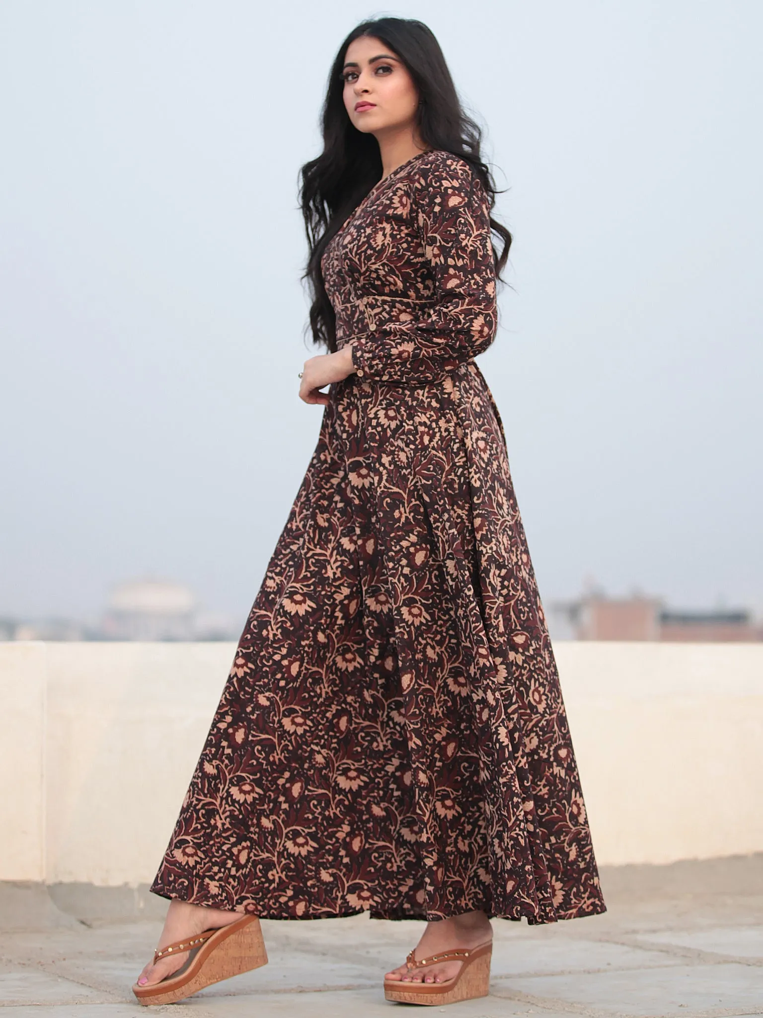 Deep Brown Beige Hand Block Printed Urave Cut Cotton Long Dress D463F1385